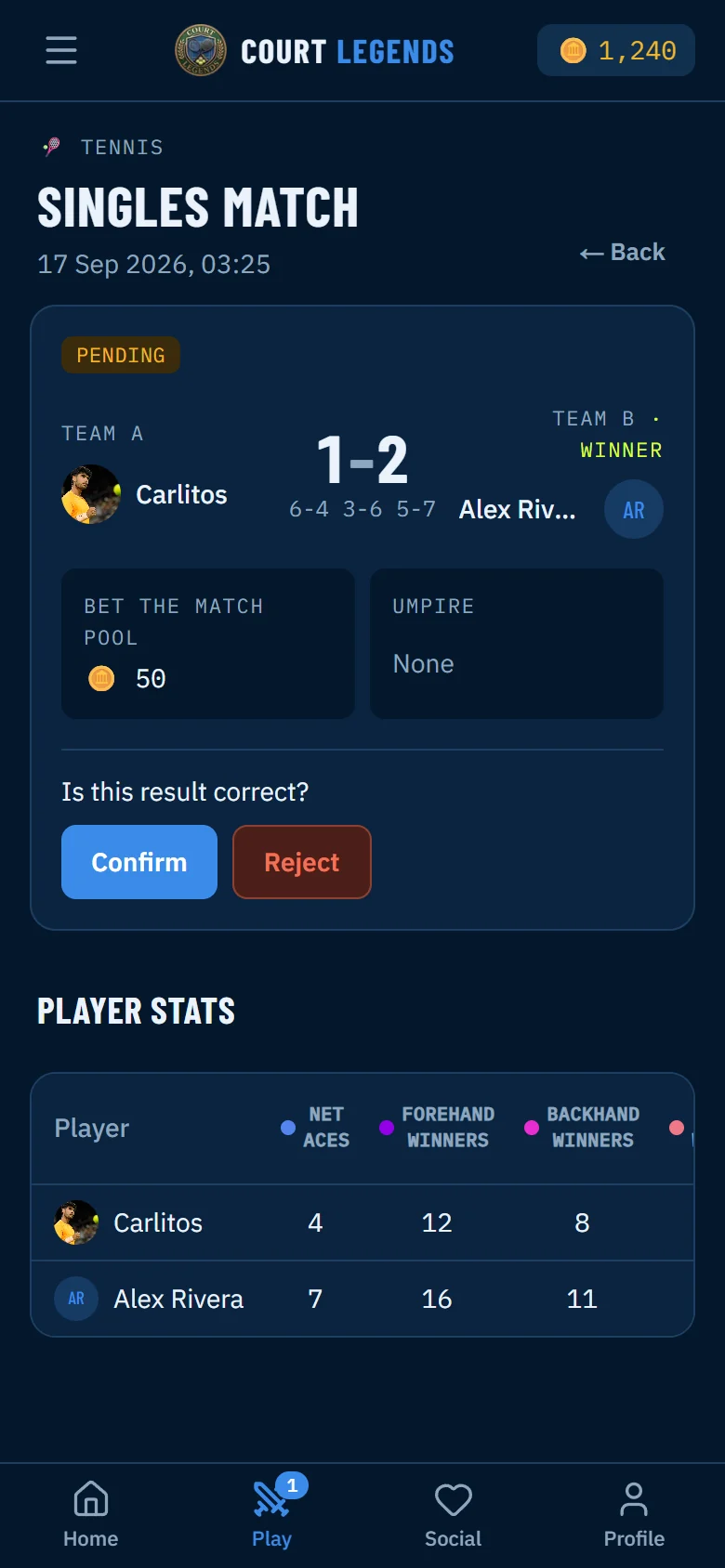 A singles match awaiting confirmation, with the score, a 50-coin stake and each player's shot counts