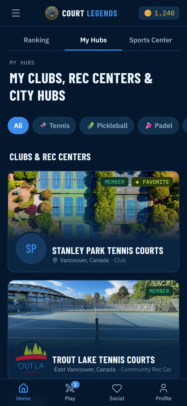 My Hubs screen listing a member club and a favorite rec center with their cover photos