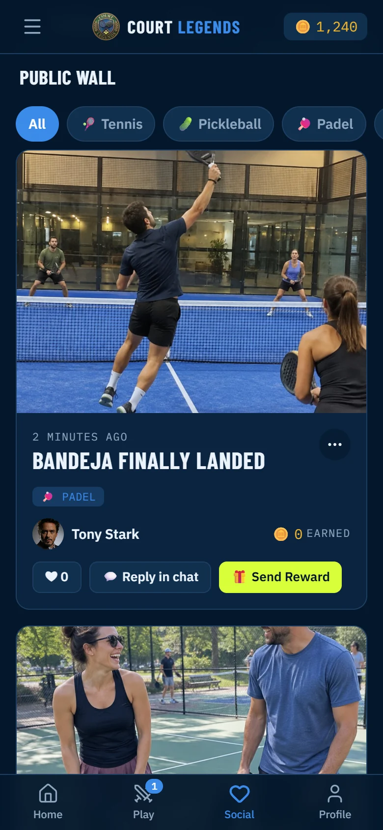 Public wall filtered by sport, showing a padel highlight posted by a player